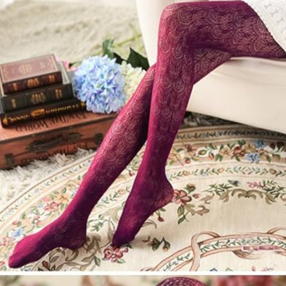 Wine Hollow Out Knitted Lace Tights